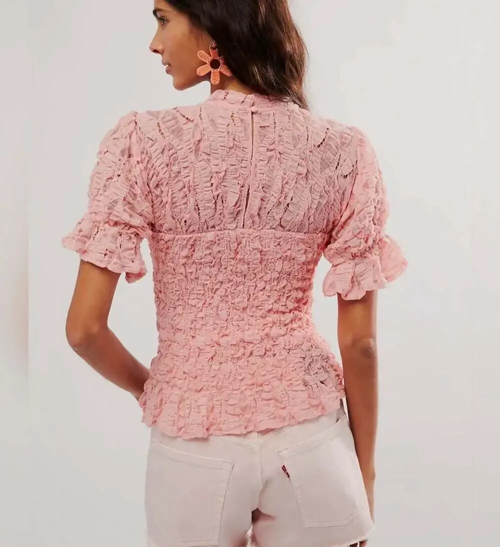 Free People Amour Lace Smocked Pink Mock Neck Short Sleeve Romantic Top S